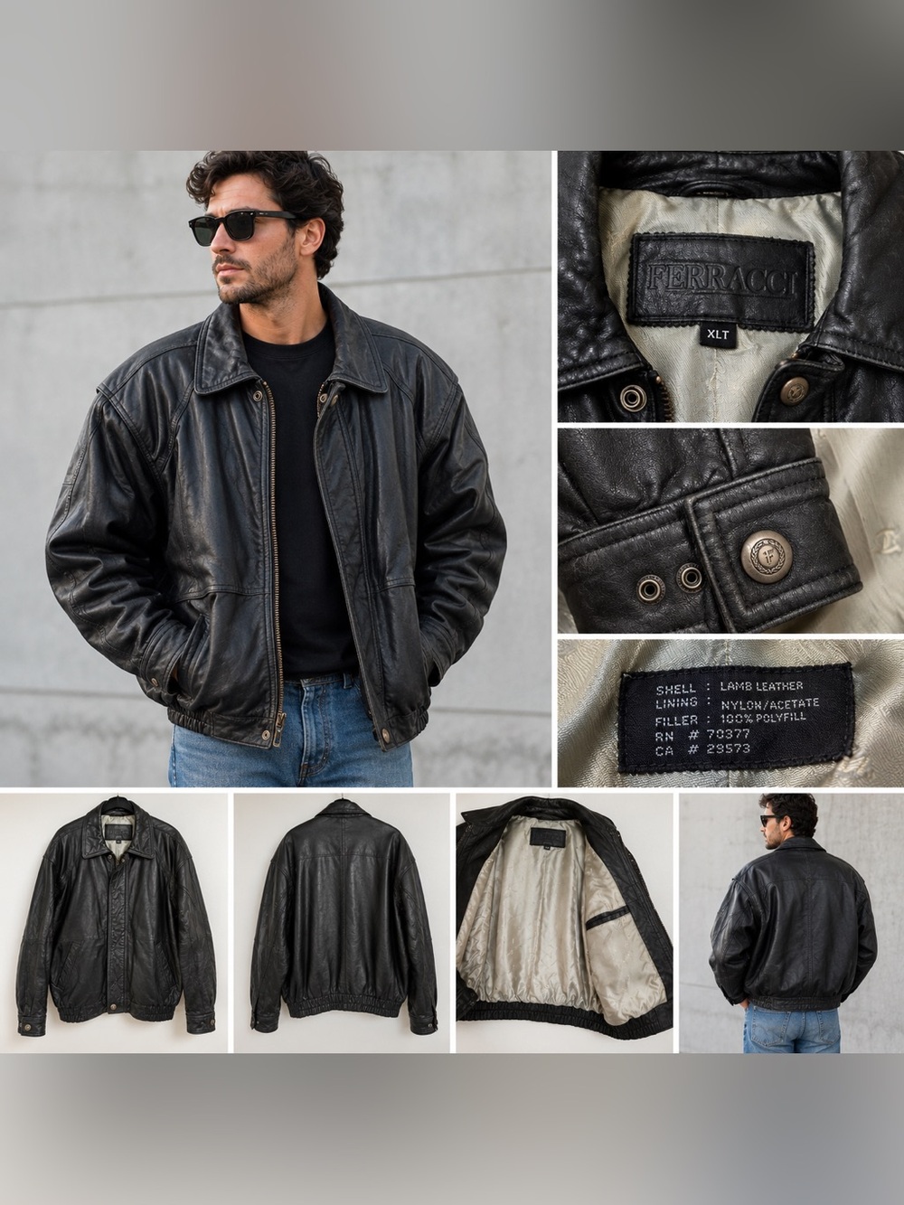 Vintage Ferracci Black Lambskin Leather Bomber Jacket XLT